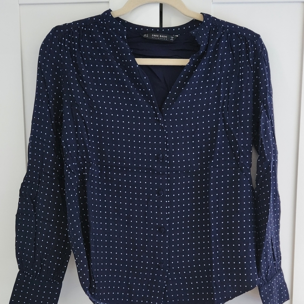 Zara Navy Polka Dot Button Down Blouse